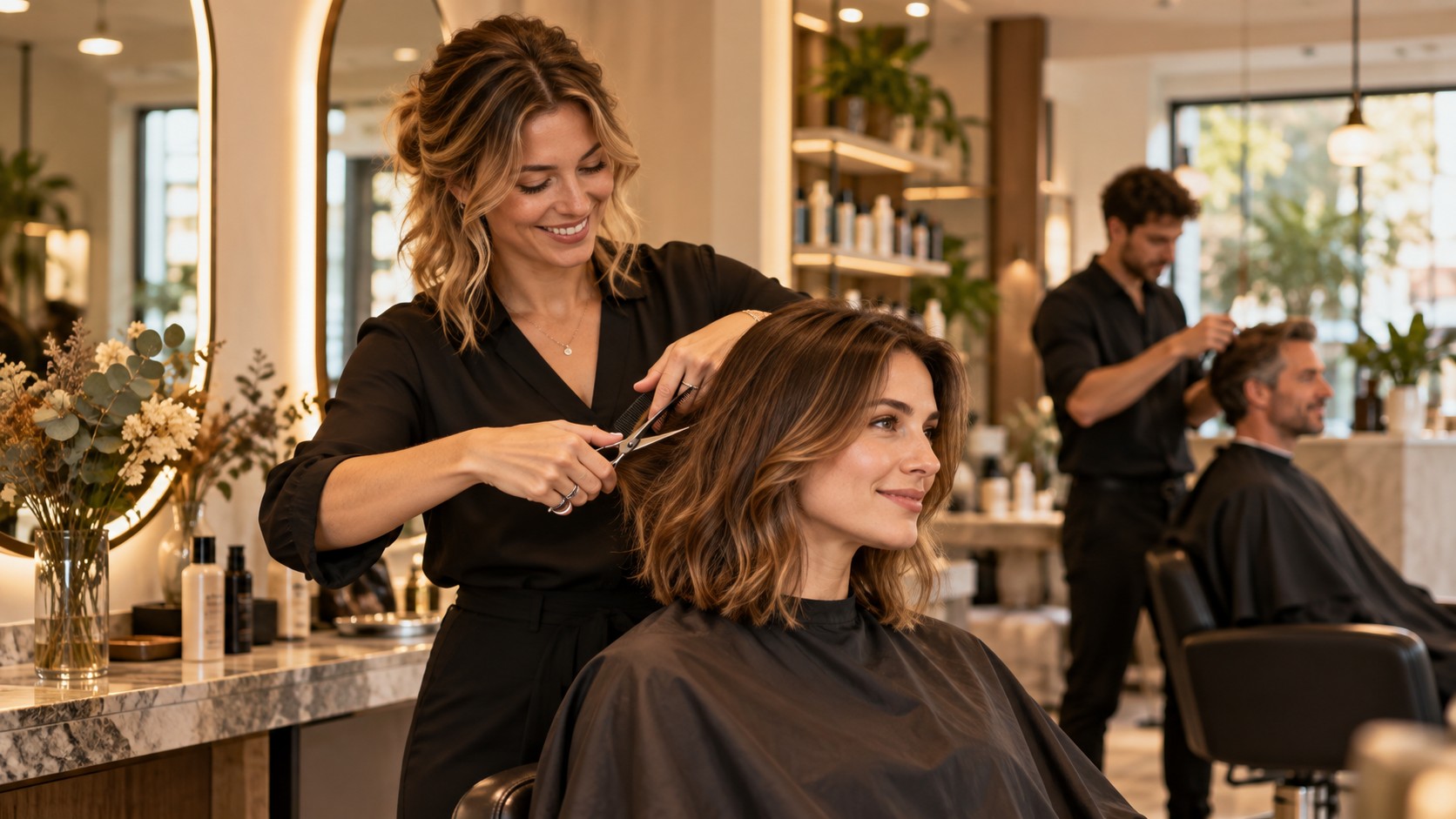 Fiktive Friseurin schneidet einer Kundin die Haare